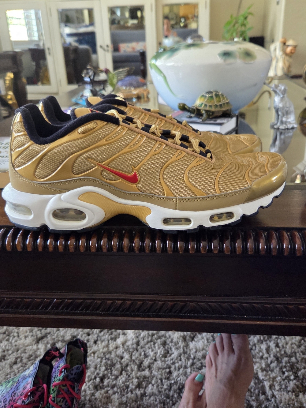 Nike Air Max Plus TN  Men’s Gold Athletic Shoes with Red Swoosh